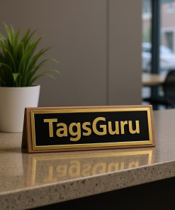 Solid Walnut Desk Plate - Black Metal Plate with Gold Engraving and Shiny Gold Border - Effect Image 1